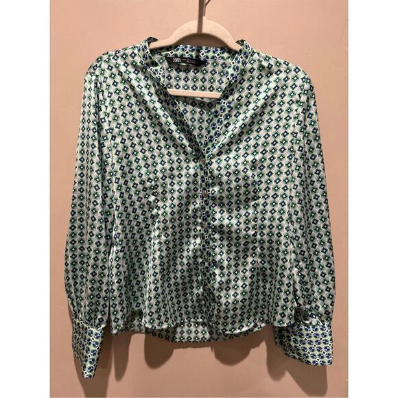 Zara Green and Blue Patterned Blouse - Picture 1 of 8